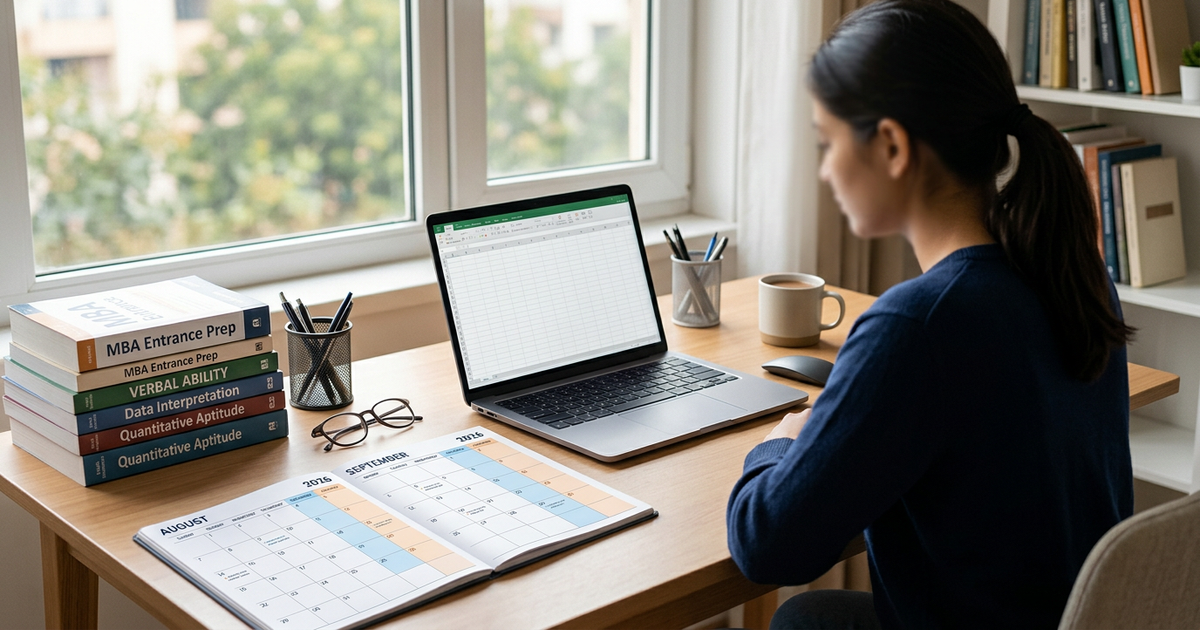 An MBA aspirant revising graduation subjects and project work before an IIM interview.